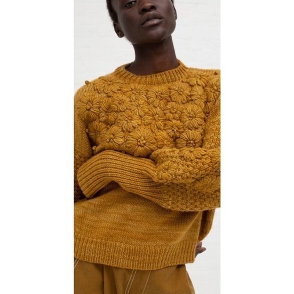Ulla Johnson Mustard Yellow Merino Wool Floral Embroidered Turtleneck Sweater P